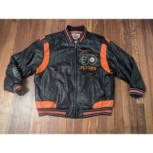 VTG Philadelphia Flyers Carl Banks NHL Leather Jacket Black Mens XL